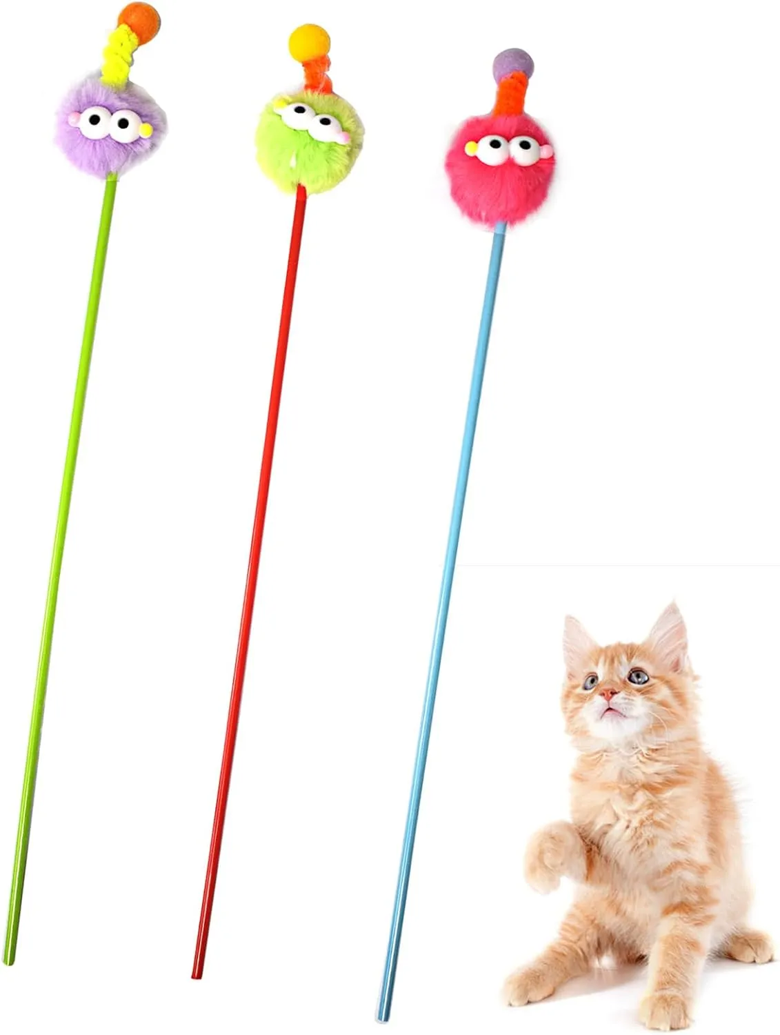 IUHKBH Cat Wands, 3 PCS Fluffy Ball Teaser Wands Interactive Kitten Toys No Noise Pet Gift