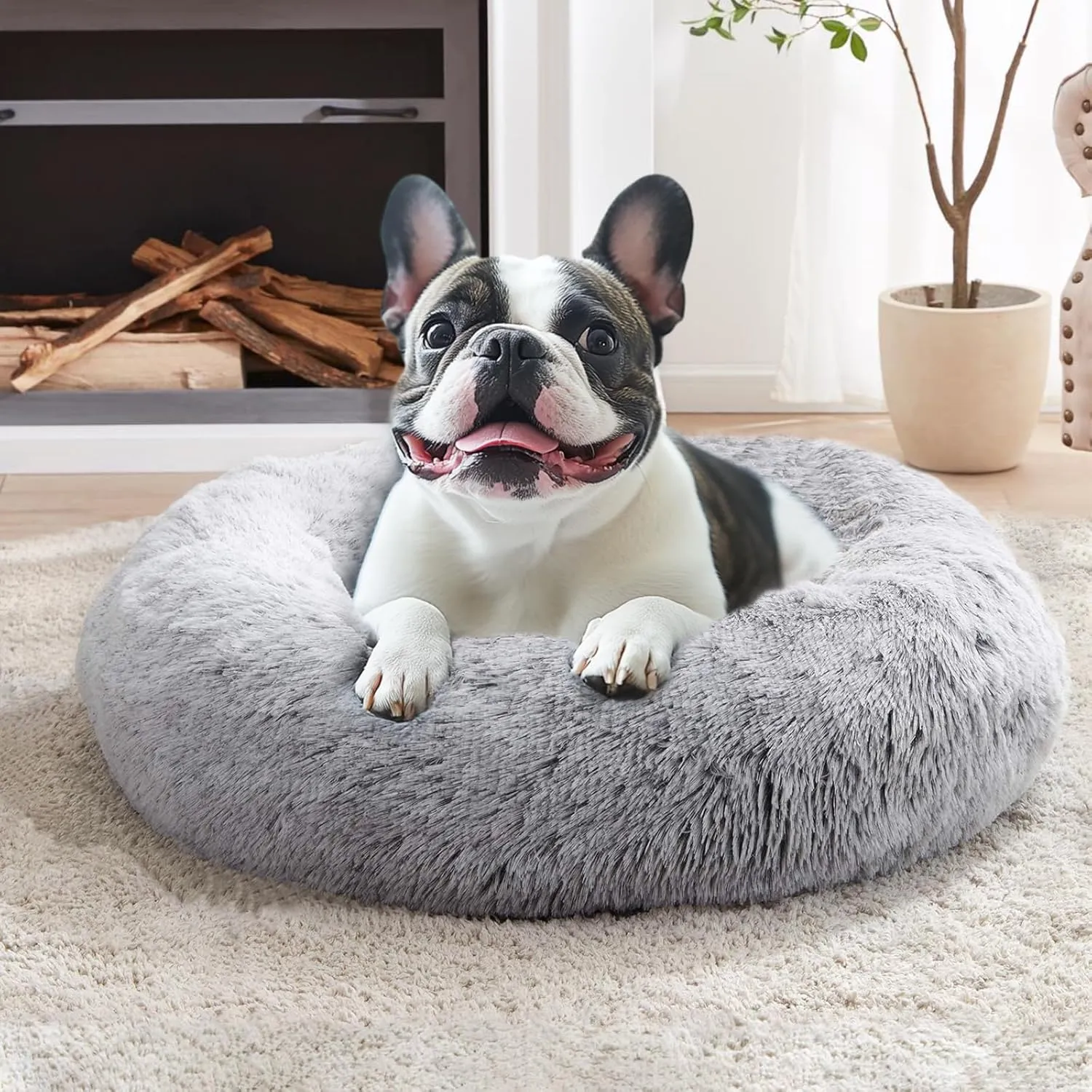 JOLLYVOGUE Calming Dog & Cat Bed for Small Dogs, Anti-Anxiety Donut Cuddler Cozy Soft Round Bed with Anti-Slip Bottom, Fluffy Faux Fur Plush Cushion Beds for Small Medium Dogs, 23"/Smoke Gray