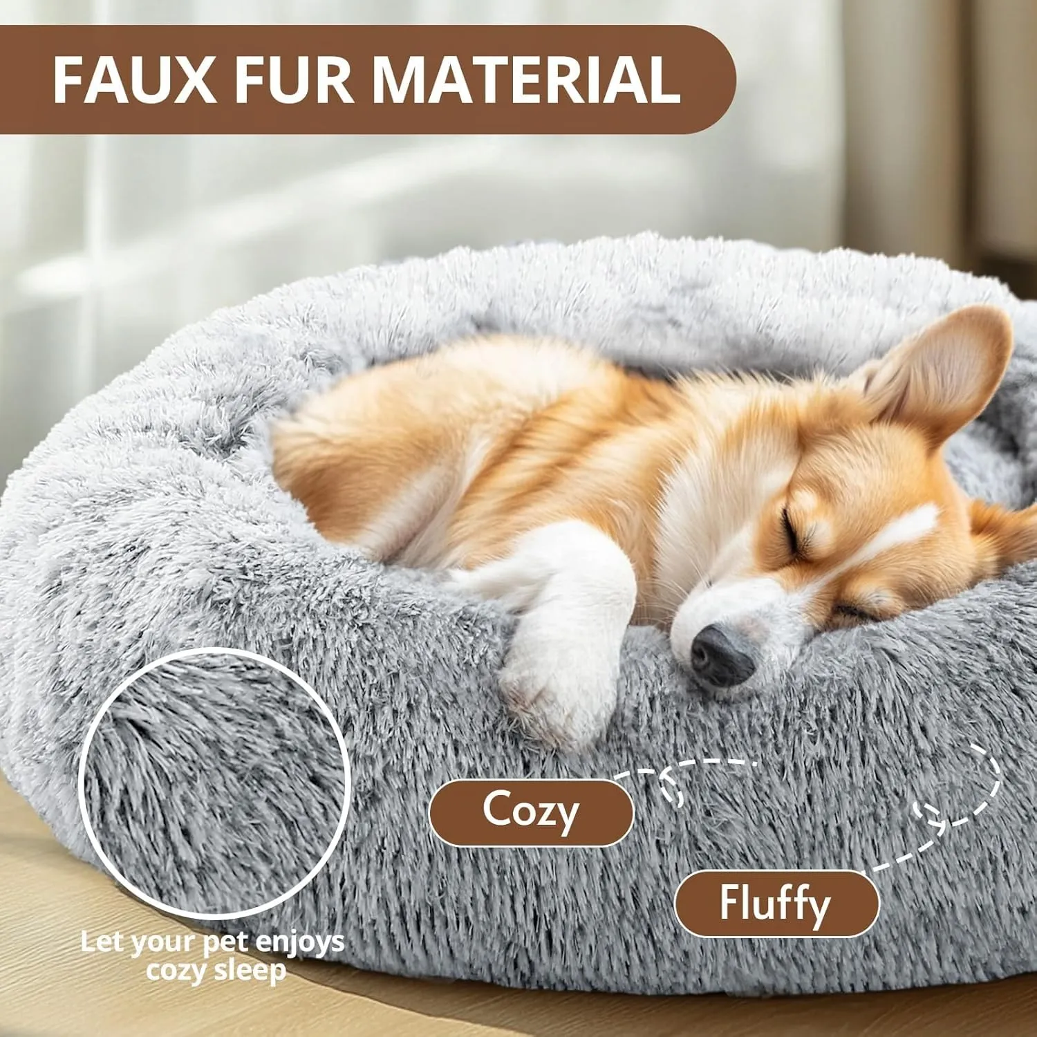 JOLLYVOGUE Calming Dog & Cat Bed for Small Dogs, Anti-Anxiety Donut Cuddler Cozy Soft Round Bed with Anti-Slip Bottom, Fluffy Faux Fur Plush Cushion Beds for Small Medium Dogs, 23"/Smoke Gray