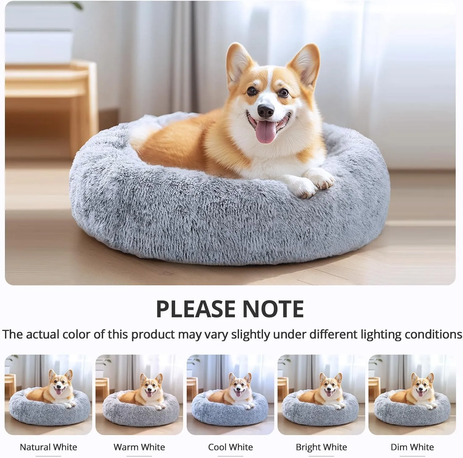 JOLLYVOGUE Calming Dog & Cat Bed for Small Dogs, Anti-Anxiety Donut Cuddler Cozy Soft Round Bed with Anti-Slip Bottom, Fluffy Faux Fur Plush Cushion Beds for Small Medium Dogs, 23"/Smoke Gray
