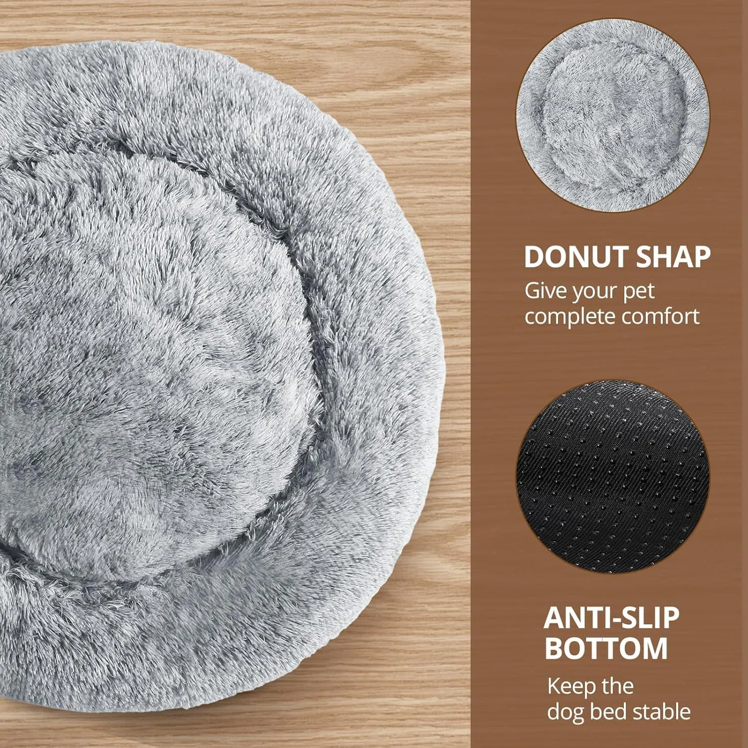 JOLLYVOGUE Calming Dog & Cat Bed for Small Dogs, Anti-Anxiety Donut Cuddler Cozy Soft Round Bed with Anti-Slip Bottom, Fluffy Faux Fur Plush Cushion Beds for Small Medium Dogs, 23"/Smoke Gray