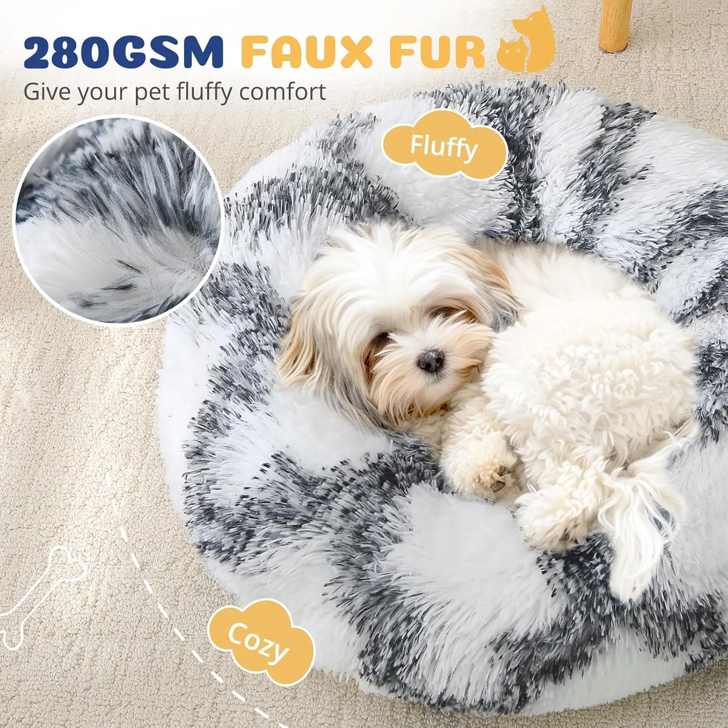 JOLLYVOGUE Donut Dog & Cat Bed, Anti-Anxiety Calming Round Pet Bed for Small Dogs, Washable Fluffy Faux Fur Donut Cushion Beds for Small Medium Pets (24')