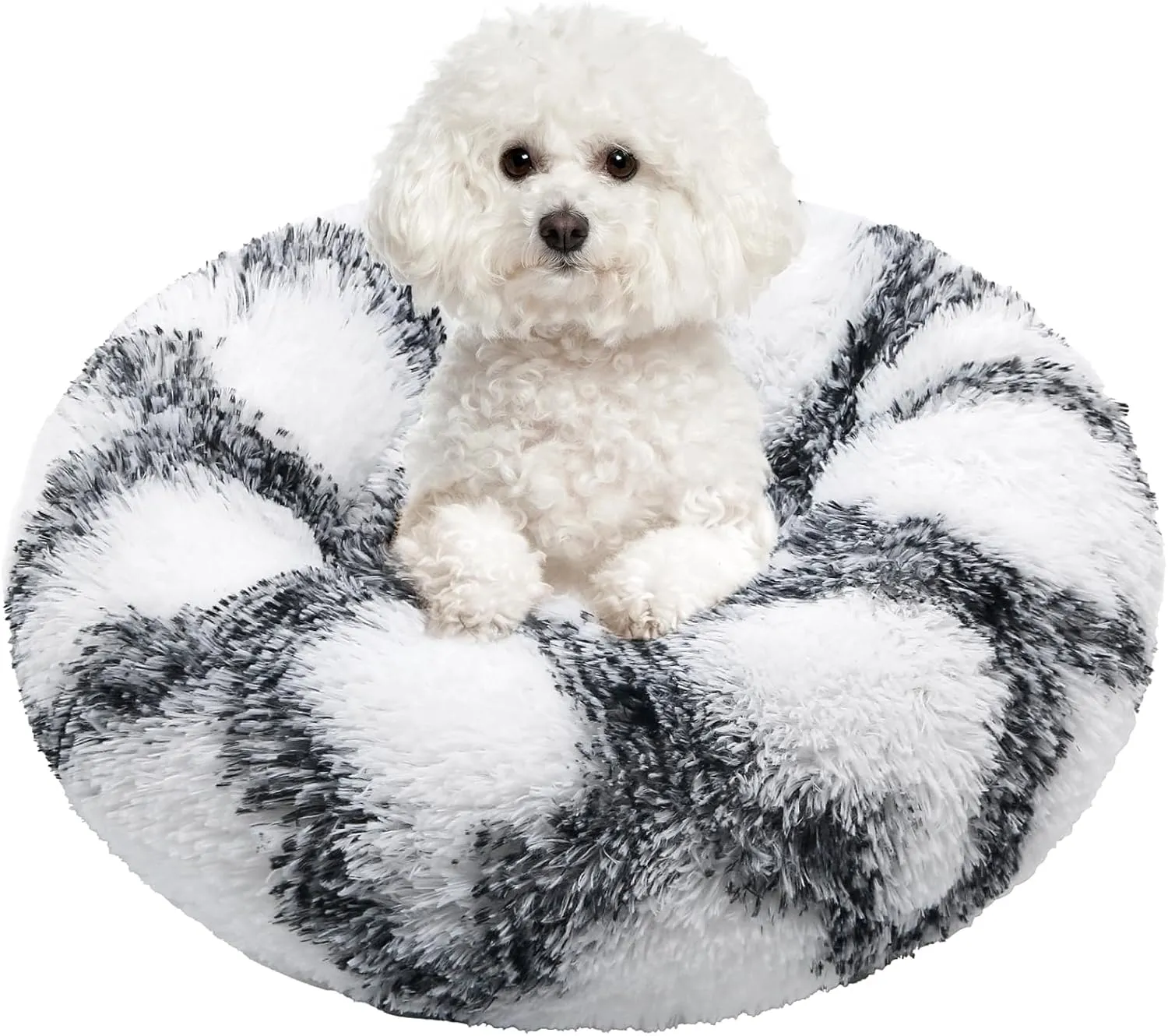 JOLLYVOGUE Donut Dog & Cat Bed, Anti-Anxiety Calming Round Pet Bed for Small Dogs, Washable Fluffy Faux Fur Donut Cushion Beds for Small Medium Pets (24')