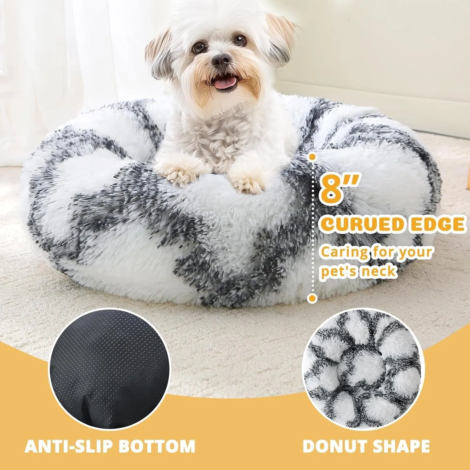JOLLYVOGUE Donut Dog & Cat Bed, Anti-Anxiety Calming Round Pet Bed for Small Dogs, Washable Fluffy Faux Fur Donut Cushion Beds for Small Medium Pets (24')