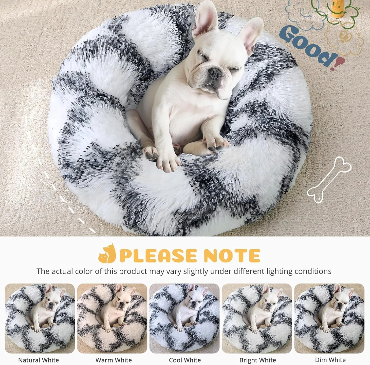 JOLLYVOGUE Donut Dog & Cat Bed, Anti-Anxiety Calming Round Pet Bed for Small Dogs, Washable Fluffy Faux Fur Donut Cushion Beds for Small Medium Pets (24')
