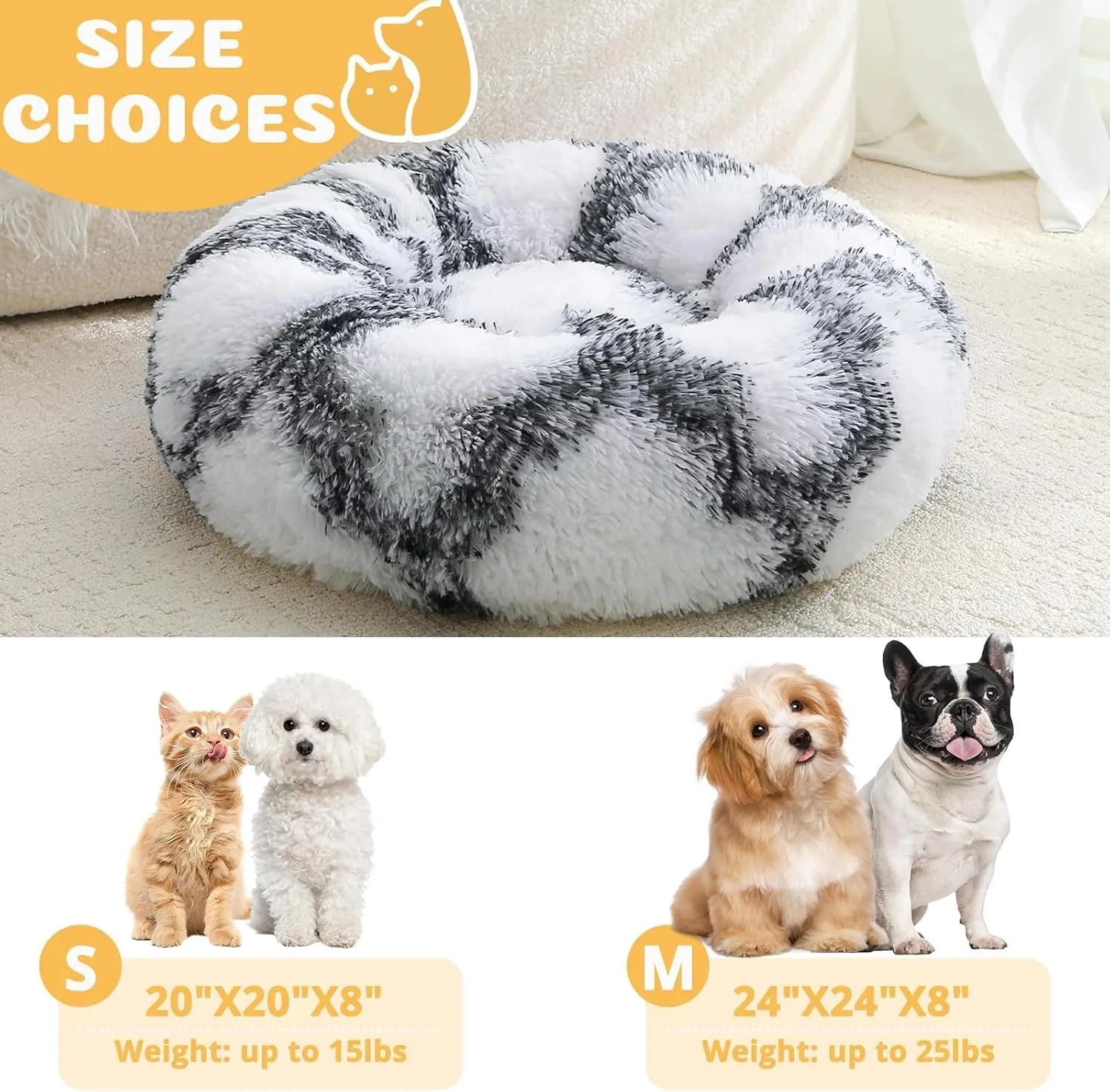 JOLLYVOGUE Donut Dog & Cat Bed, Anti-Anxiety Calming Round Pet Bed for Small Dogs, Washable Fluffy Faux Fur Donut Cushion Beds for Small Medium Pets (24')