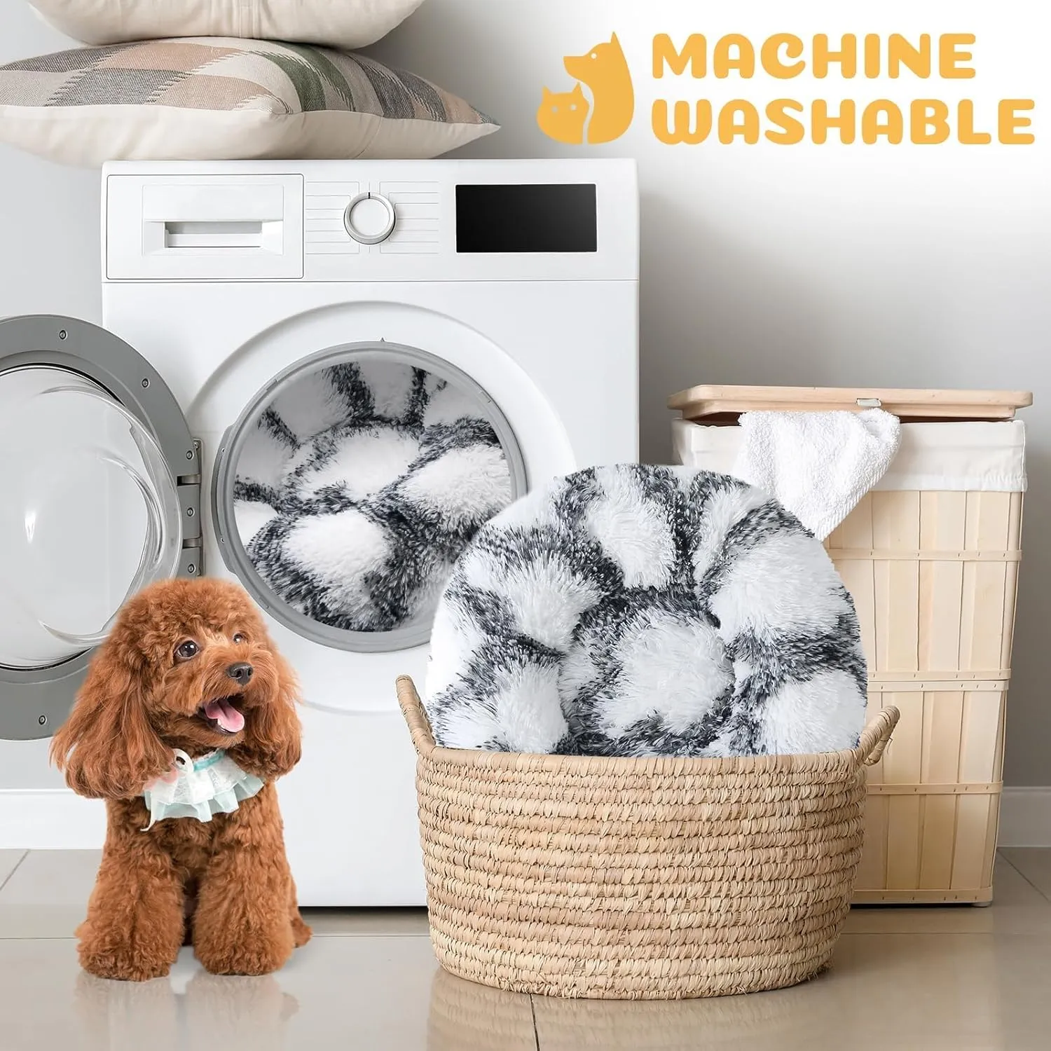 JOLLYVOGUE Donut Dog & Cat Bed, Anti-Anxiety Calming Round Pet Bed for Small Dogs, Washable Fluffy Faux Fur Donut Cushion Beds for Small Medium Pets (24')