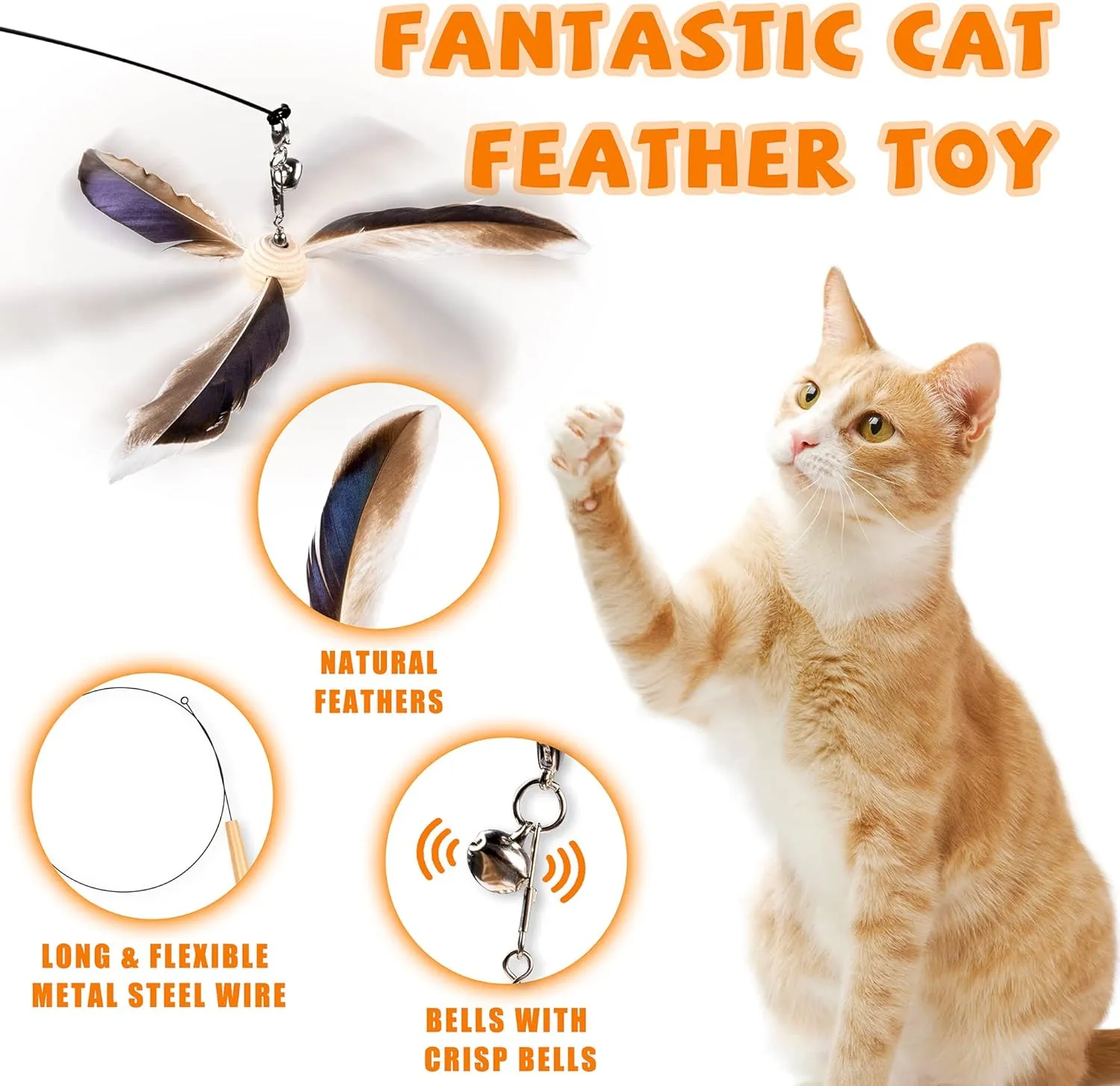 JXFUKAL Cat Wand Toys, Interactive Cat Teaser with 3 Feather Refills, 29'' Flexible Steel Wire, Sturdy Wood Handle & Bell for Indoor Kitty Kitten