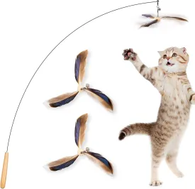 JXFUKAL Cat Wand Toys, Interactive Cat Teaser with 3 Feather Refills, 29'' Flexible Steel Wire, Sturdy Wood Handle & Bell for Indoor Kitty Kitten