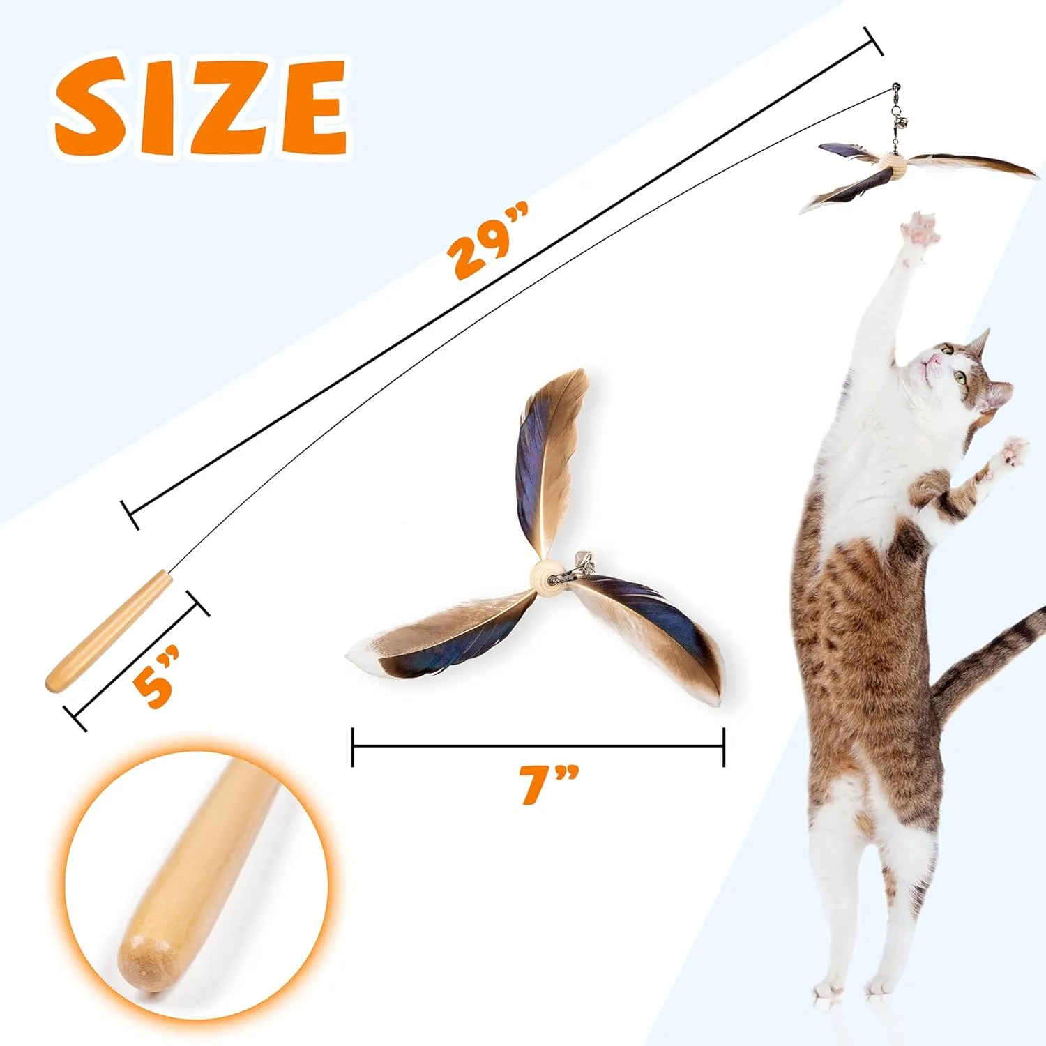 JXFUKAL Cat Wand Toys, Interactive Cat Teaser with 3 Feather Refills, 29'' Flexible Steel Wire, Sturdy Wood Handle & Bell for Indoor Kitty Kitten