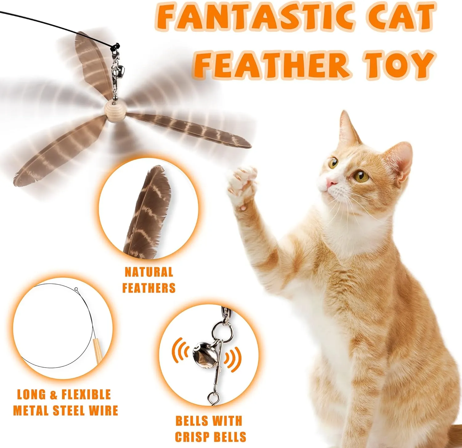 JXFUKAL Cat Wand Toys, Interactive Cat Toys with 3 Feather Refills, 29'' Flexible Steel Wire, Sturdy Wood Handle & Bell for Kitty Kitten, Cat Toys for Indoor Cats Cat Teaser Cat String Toy