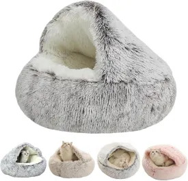 Lapcatz Nest Bed - Round Plush Fluffy Hooded Calming Cat Bed Cave, Non-Slip Removable and Washable (23.7"x23.7")