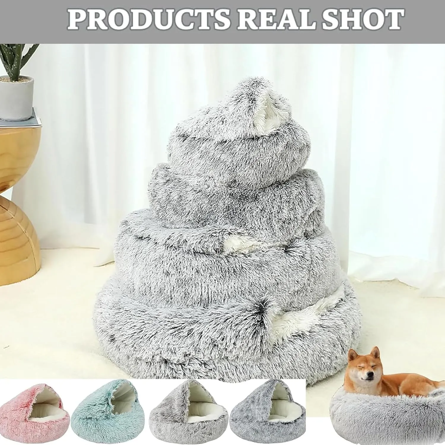 Lapcatz Nest Bed - Round Plush Fluffy Hooded Calming Cat Bed Cave, Non-Slip Removable and Washable (23.7"x23.7")