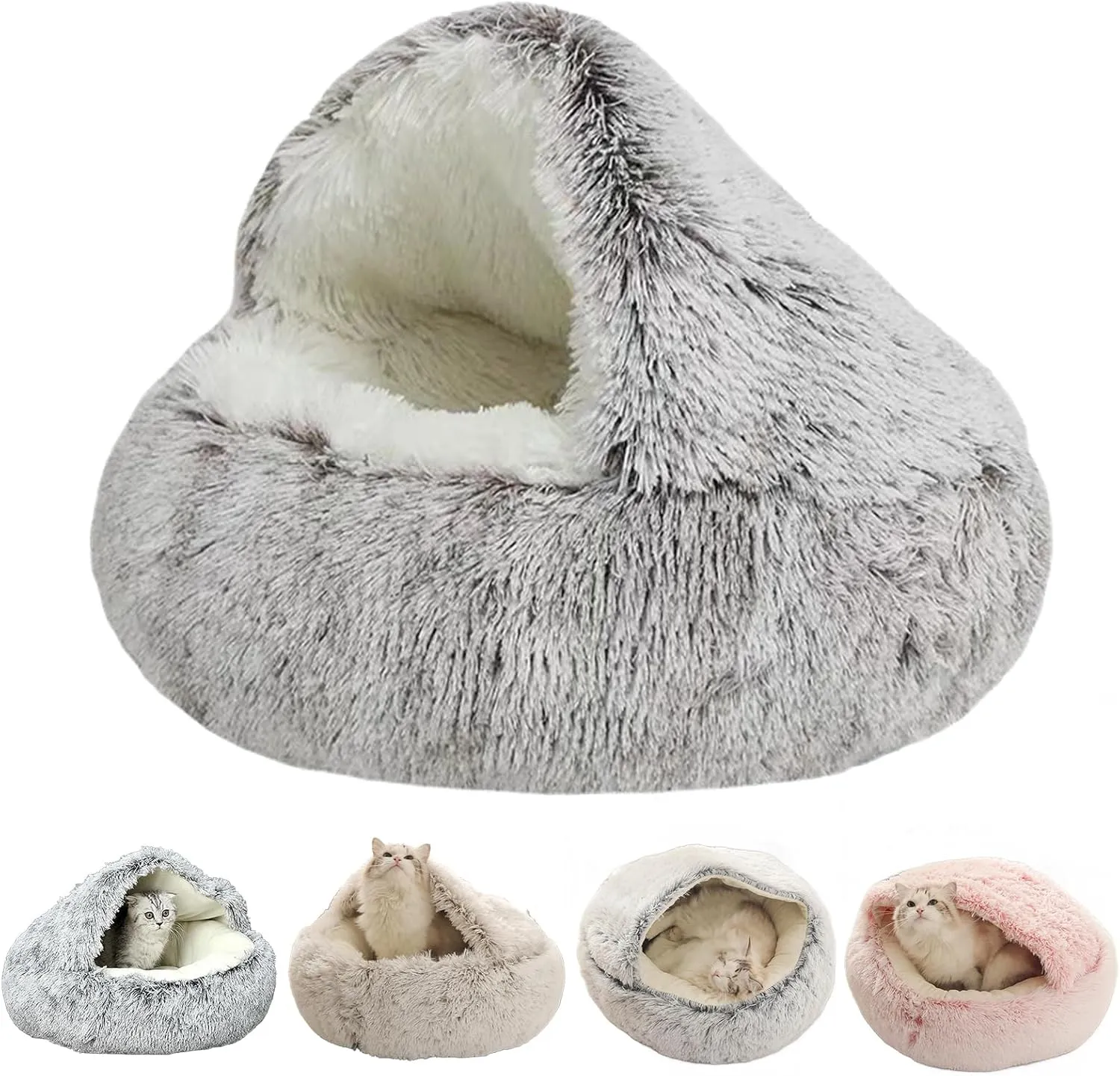 Lapcatz Nest Bed - Round Plush Fluffy Hooded Calming Cat Bed Cave, Non-Slip Removable and Washable (23.7"x23.7")