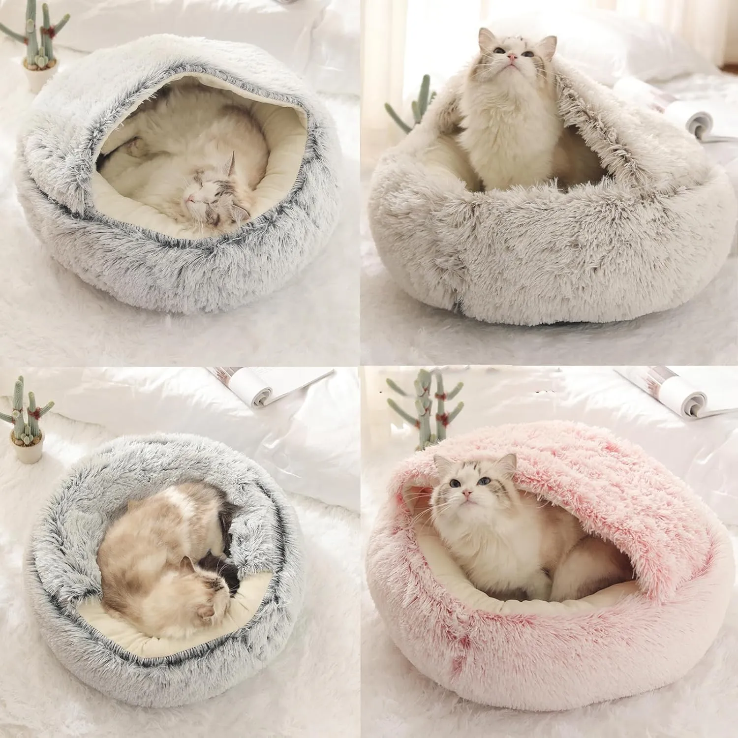 Lapcatz Nest Bed - Round Plush Fluffy Hooded Calming Cat Bed Cave, Non-Slip Removable and Washable (23.7"x23.7")