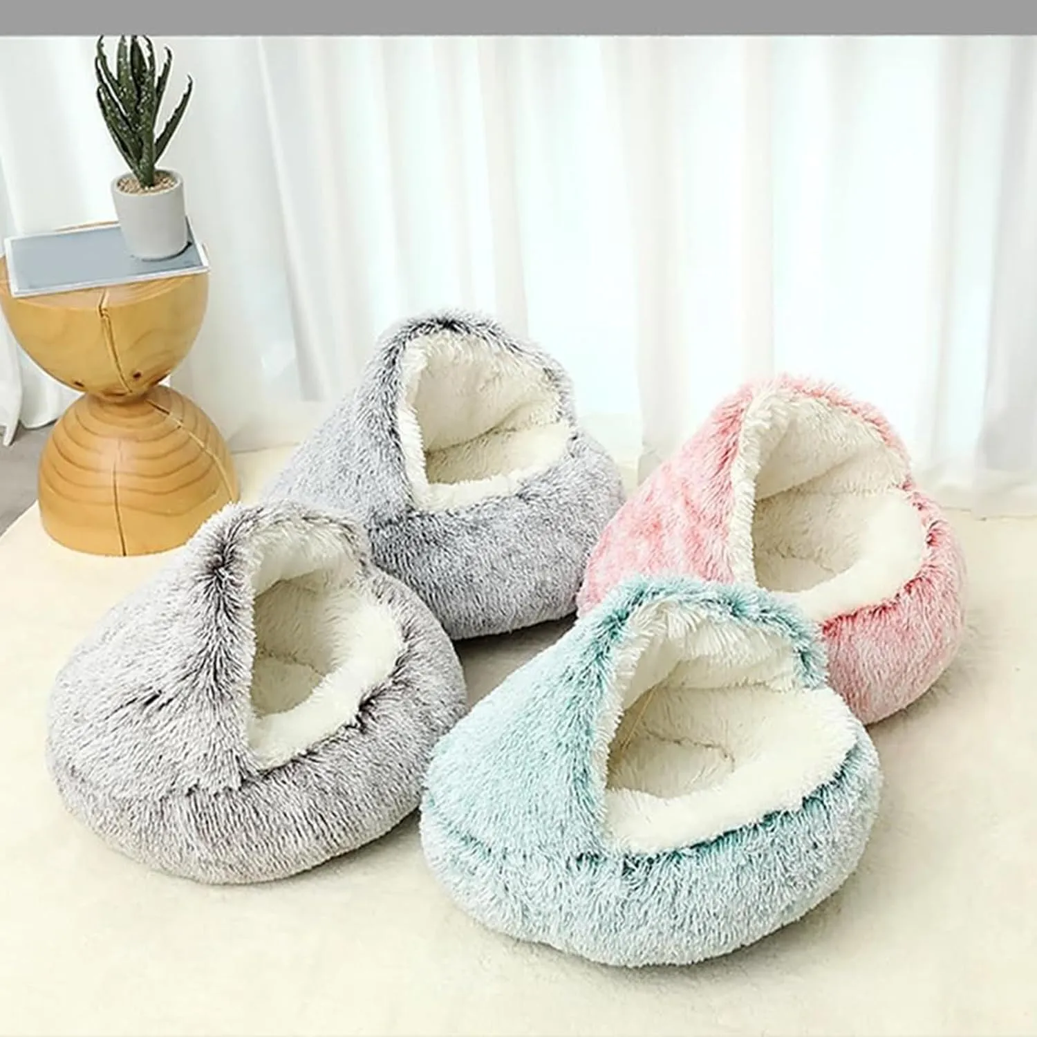 Lapcatz Nest Bed - Round Plush Fluffy Hooded Calming Cat Bed Cave, Non-Slip Removable and Washable (23.7"x23.7")
