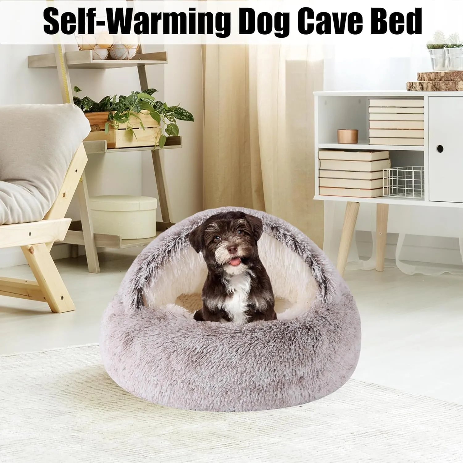Lapcatz Nest Bed, Small Dog Bed, Cozy Cat Cave Bed, Cat Beds for Indoor Cats Washable,Calming Dog Beds & Cat Cave Bed with Hooded Cover, Non-Slip Cat Beds (Coffee-Long-haired,50cm/19.7inch)