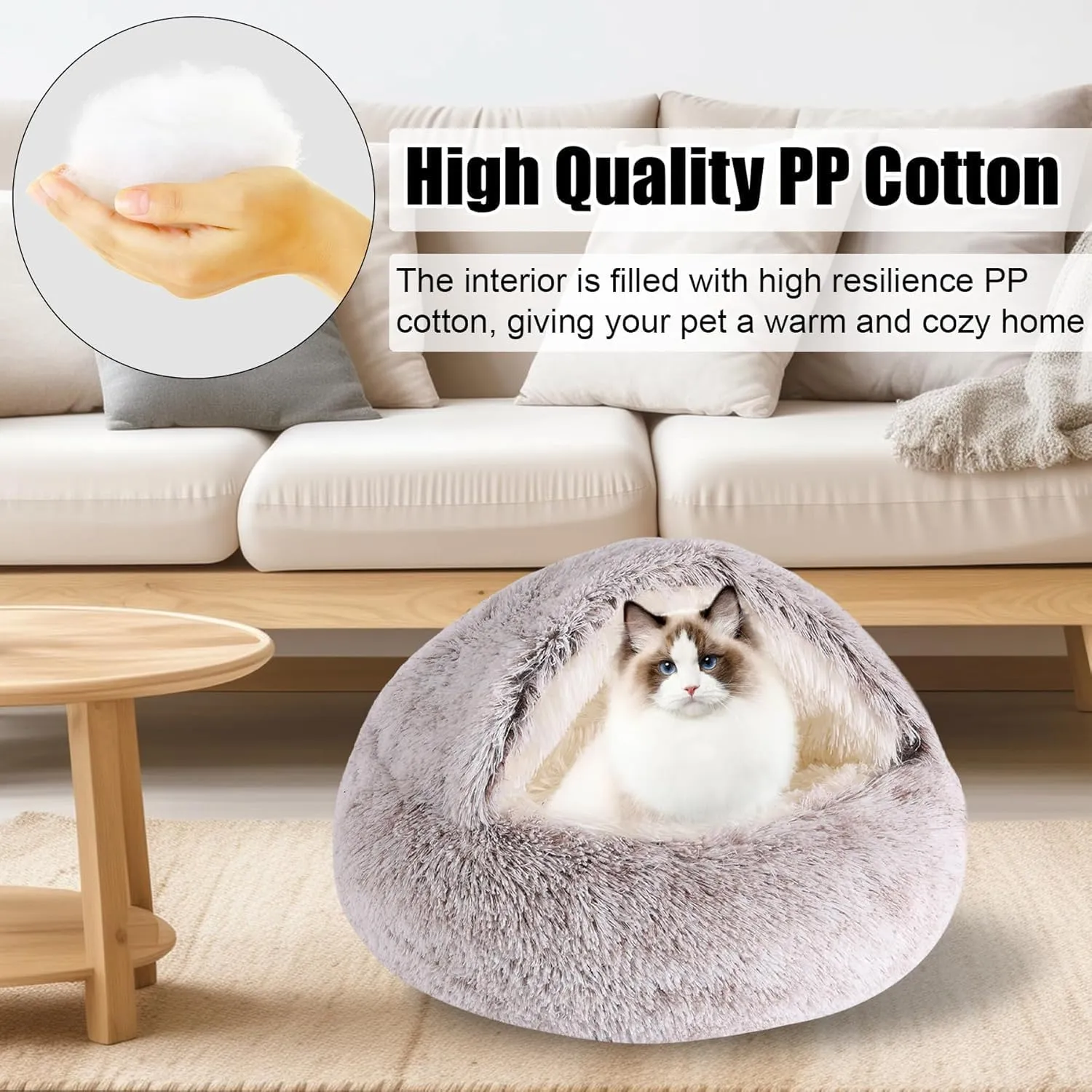 Lapcatz Nest Bed, Small Dog Bed, Cozy Cat Cave Bed, Cat Beds for Indoor Cats Washable,Calming Dog Beds & Cat Cave Bed with Hooded Cover, Non-Slip Cat Beds (Coffee-Long-haired,50cm/19.7inch)