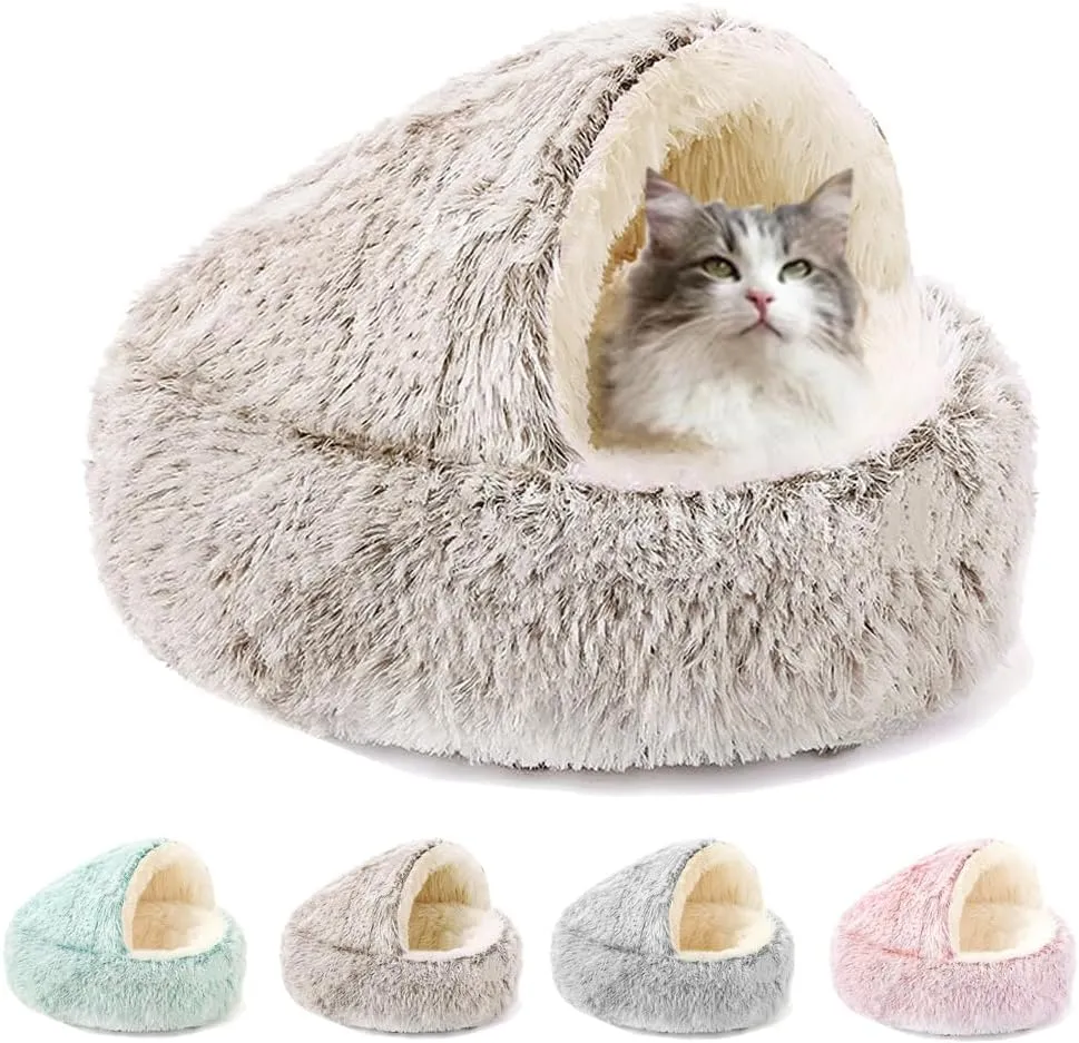 Lapcatz Nest Bed, Small Dog Bed, Cozy Cat Cave Bed, Cat Beds for Indoor Cats Washable,Calming Dog Beds & Cat Cave Bed with Hooded Cover, Non-Slip Cat Beds (Coffee-Long-haired,50cm/19.7inch)