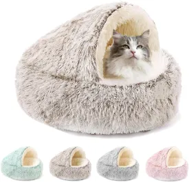 Lapcatz Nest Bed, Small Dog Bed, Cozy Cat Cave Bed, Cat Beds for Indoor Cats Washable,Calming Dog Beds & Cat Cave Bed with Hooded Cover, Non-Slip Cat Beds (Coffee-Long-haired,50cm/19.7inch)