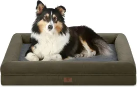 Large Orthopedic Dog Bed for Large Dogs, Gel Memory Foam Waterproof Dog Bed with Removable Washable Cover, 4-Sides Removable Bolster Pet Sofa with Non-Slip Bottom, Dark Green