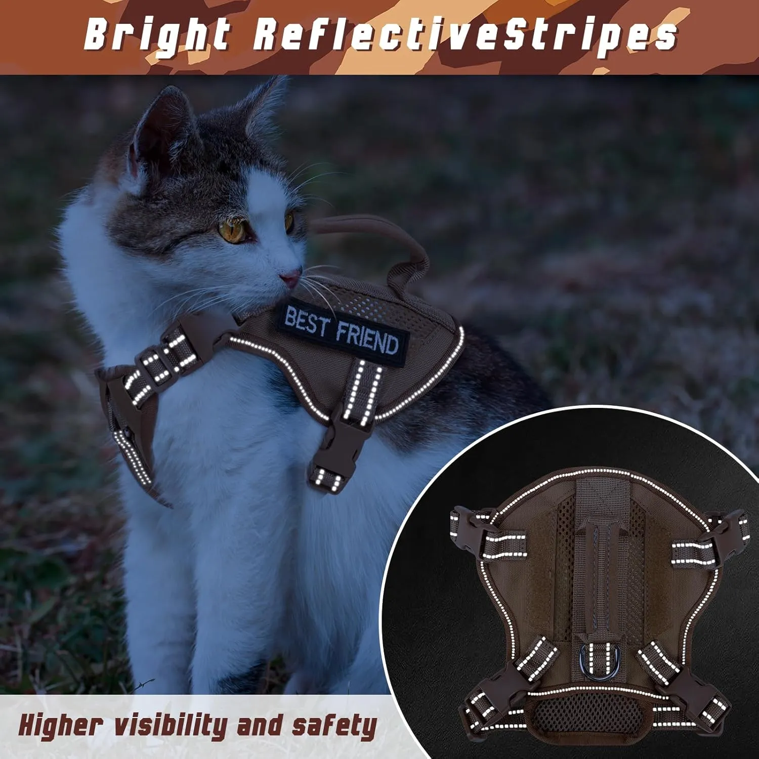Large Tactical Cat Harness with Handle, Air Mesh Adult Cat Walking Vest Harness Escape Proof, Reflective, Adjustbale, Breathable