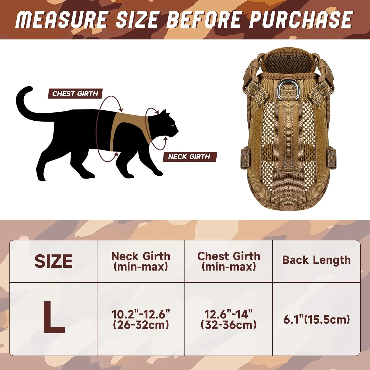 Large Tactical Cat Harness with Handle, Air Mesh Adult Cat Walking Vest Harness Escape Proof, Reflective, Adjustbale, Breathable
