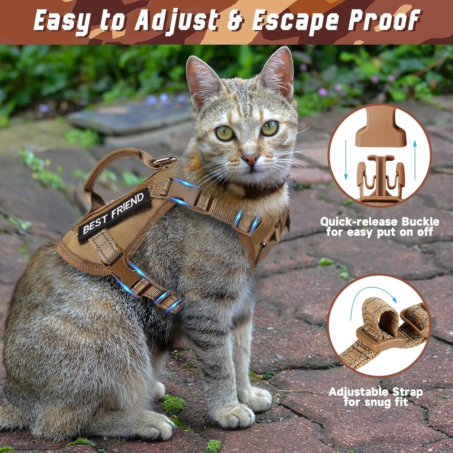Large Tactical Cat Harness with Handle, Air Mesh Adult Cat Walking Vest Harness Escape Proof, Reflective, Adjustbale, Breathable