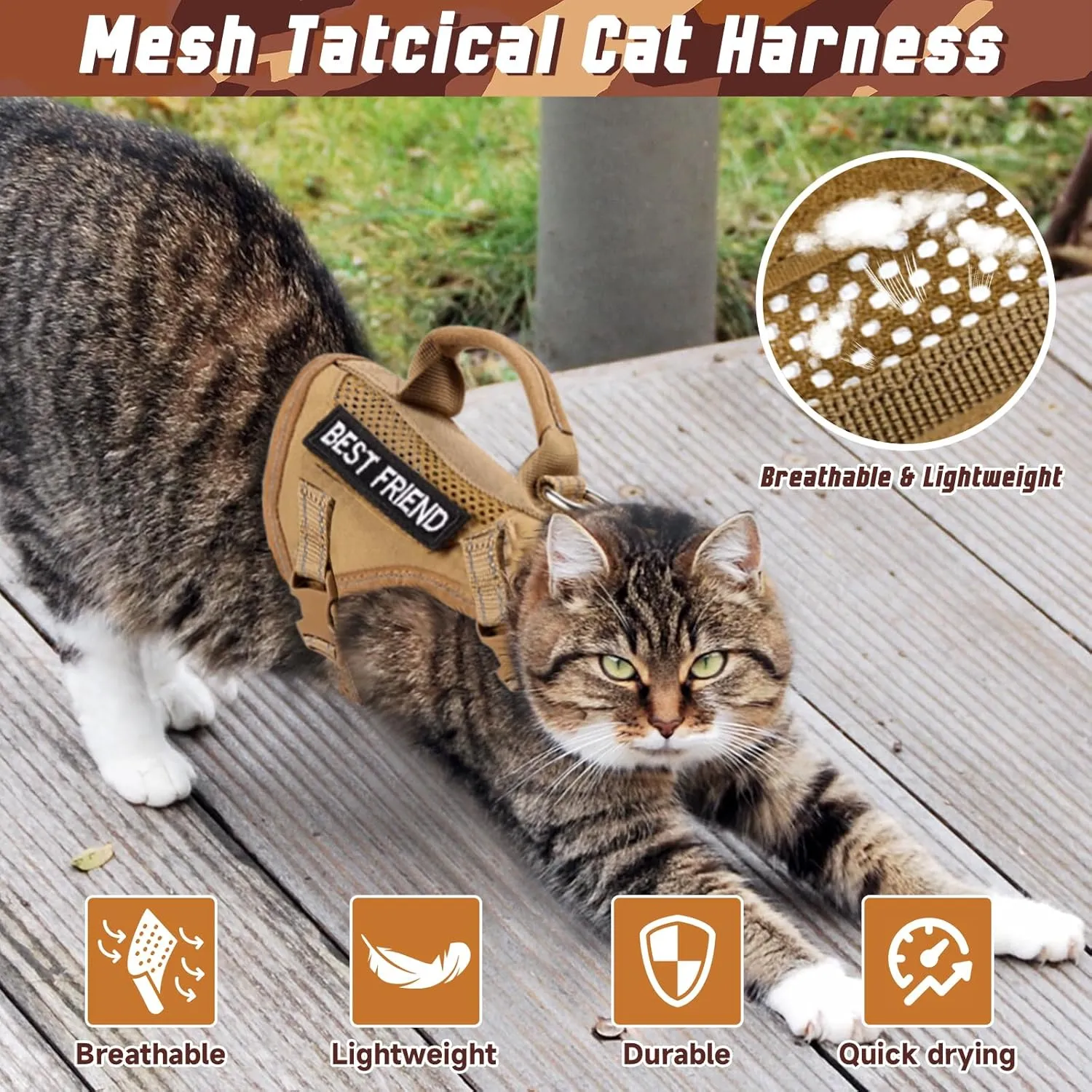 Large Tactical Cat Harness with Handle, Air Mesh Adult Cat Walking Vest Harness Escape Proof, Reflective, Adjustbale, Breathable