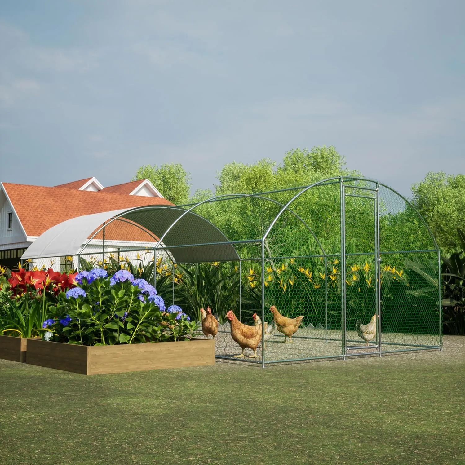 Large Walk-in Metal Chicken Coop with Waterproof & Anti-UV Cover, 9.84' x 19.68' x 6.56' Galvanized Steel Cage for 20-25 Chickens, Outdoor Hen House with Secure Lockable Door