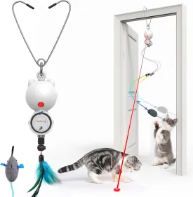 Laser Cat Toys for Indoor Cats, Interactive Cat Toy LED Light Hanging, Cats Wand Toy Feather, Feather & Mouse for Bored Adult Kitten Exercise, White
