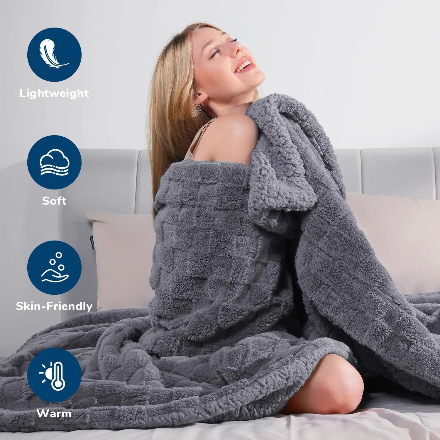 Lessymo Fleece Throw Blanket for Couch, Jacquard Sherpa Checkered Throw Blanket for Bed, Soft Fuzzy Cozy Fall Blanket for Living Room All Season Use, Christmas Throws Blanket, Gray, 50x60 inches