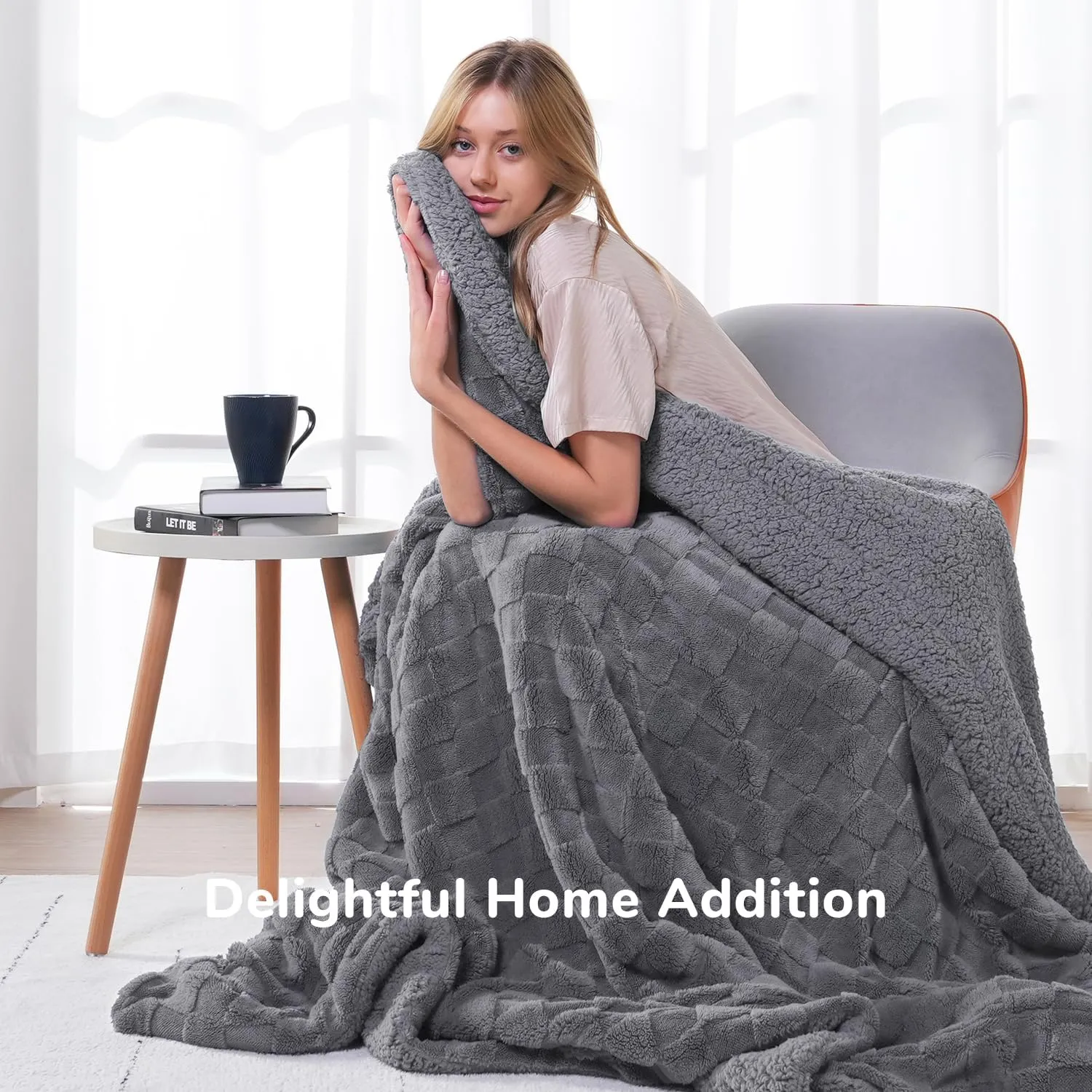 Lessymo Fleece Throw Blanket for Couch, Jacquard Sherpa Checkered Throw Blanket for Bed, Soft Fuzzy Cozy Fall Blanket for Living Room All Season Use, Christmas Throws Blanket, Gray, 50x60 inches