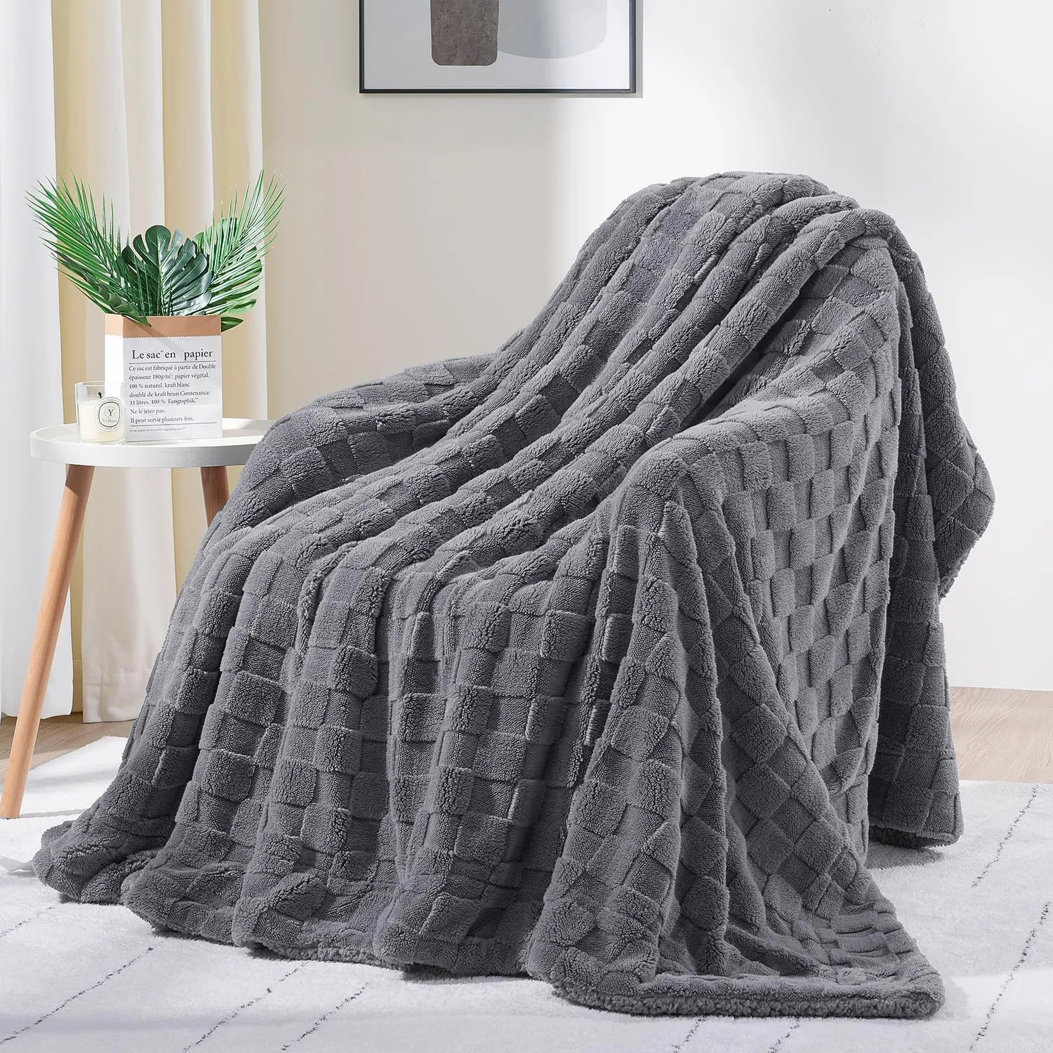Lessymo Fleece Throw Blanket for Couch, Jacquard Sherpa Checkered Throw Blanket for Bed, Soft Fuzzy Cozy Fall Blanket for Living Room All Season Use, Christmas Throws Blanket, Gray, 50x60 inches