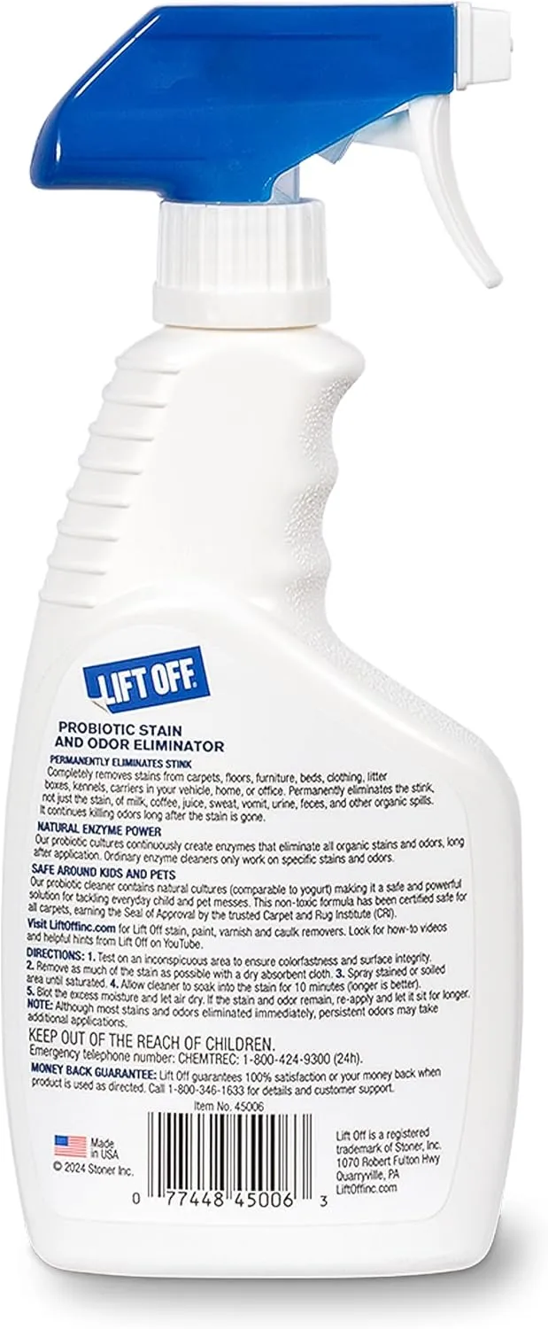 Lift Off 45006 Probiotic Stain and Odor Eliminator Spray - Powerful Natural Enzyme Carpet Cleaner and Pet Odor Eliminator for Urine, Upholstery, and Hard Floors - Safe Around Kids and Pets - 16 Fl Oz