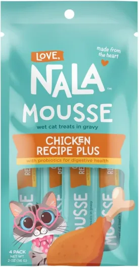 LOVE, NALA - Digestive Health - Chicken Plus Prebiotic Mousse - Wet Food Cat Puree - Lickable Cat Squeeze Up Treat, Topper - Grain Free, Fiber, Minerals, Vitamins - 4 Pack 2 oz.