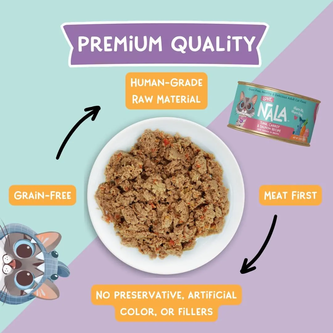 LOVE, NALA - Natural Adult Cat Wet Food - Pate Tuna, Carrot, & Salmon Recipe - Grain Free, Non-GMO, Digestive Fiber Blend, Minerals, Vitamins - 12 Pack 2.4 lbs.