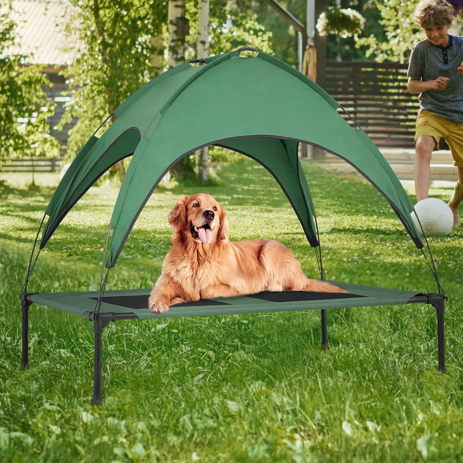 Magshion Outdoor Elevated Dog Bed for Large Dogs and Cats, Cooling Raised Pet Cot with Removable Canopy & Non-Slip Feet, Breathable Mesh Fabric for Summer Outside Trampoline Training Use, Green