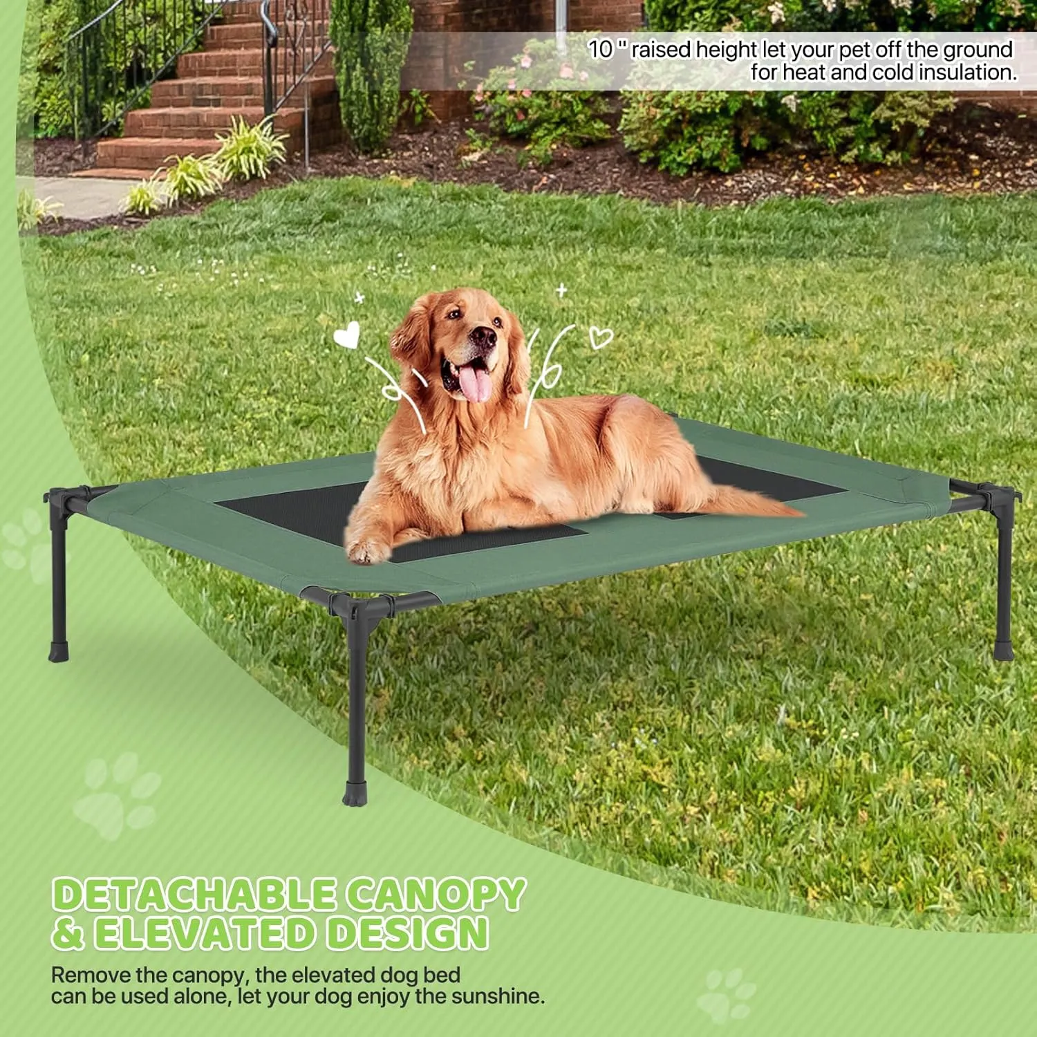 Magshion Outdoor Elevated Dog Bed for Large Dogs and Cats, Cooling Raised Pet Cot with Removable Canopy & Non-Slip Feet, Breathable Mesh Fabric for Summer Outside Trampoline Training Use, Green