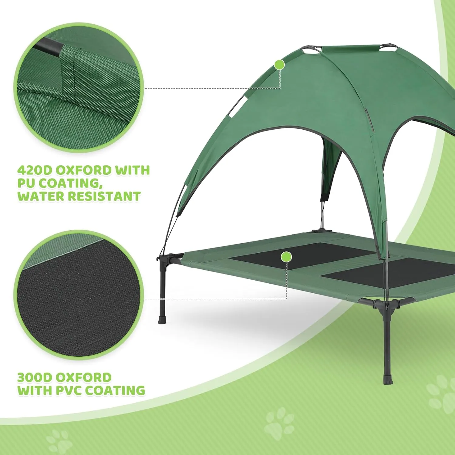 Magshion Outdoor Elevated Dog Bed for Large Dogs and Cats, Cooling Raised Pet Cot with Removable Canopy & Non-Slip Feet, Breathable Mesh Fabric for Summer Outside Trampoline Training Use, Green