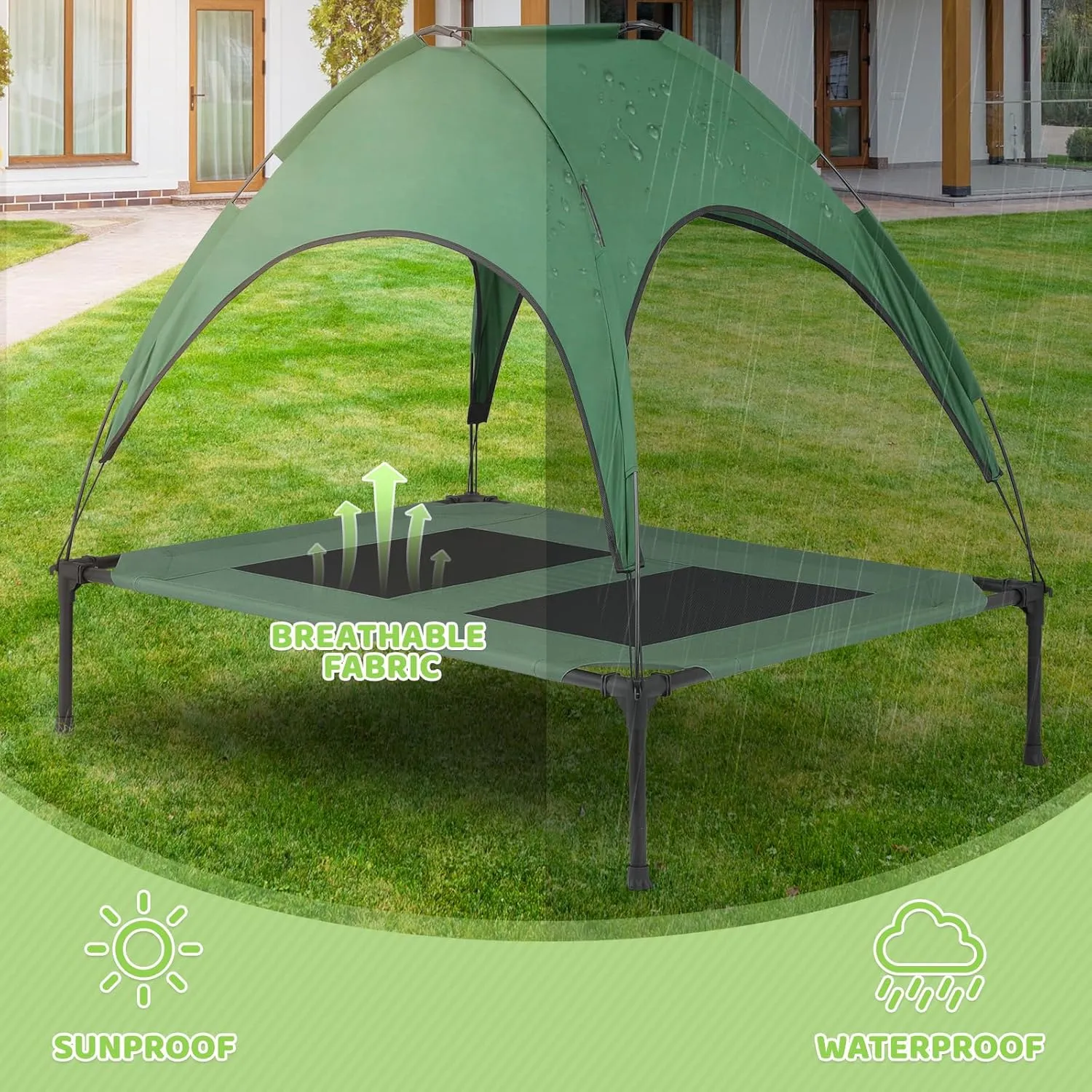 Magshion Outdoor Elevated Dog Bed for Large Dogs and Cats, Cooling Raised Pet Cot with Removable Canopy & Non-Slip Feet, Breathable Mesh Fabric for Summer Outside Trampoline Training Use, Green