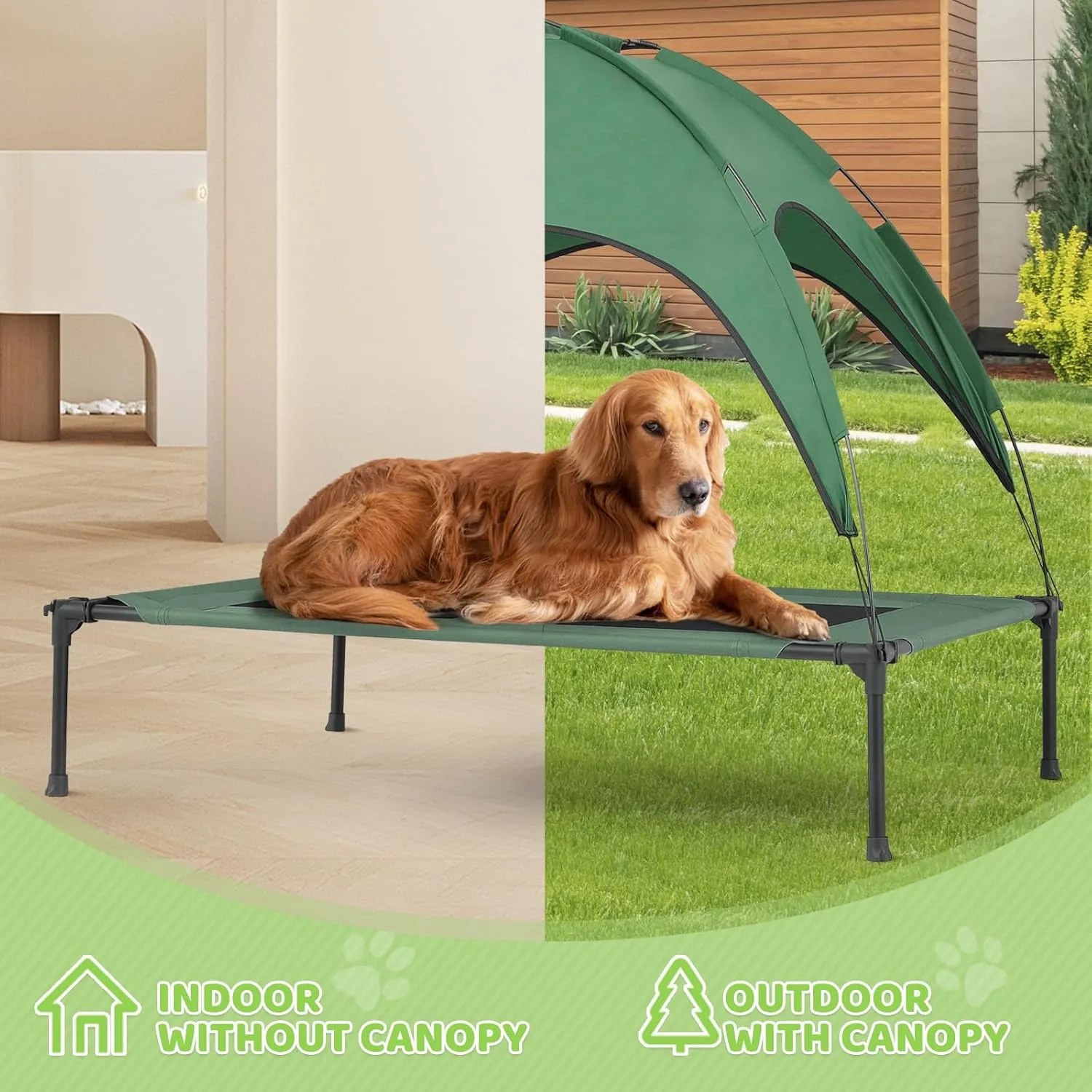 Magshion Outdoor Elevated Dog Bed for Large Dogs and Cats, Cooling Raised Pet Cot with Removable Canopy & Non-Slip Feet, Breathable Mesh Fabric for Summer Outside Trampoline Training Use, Green