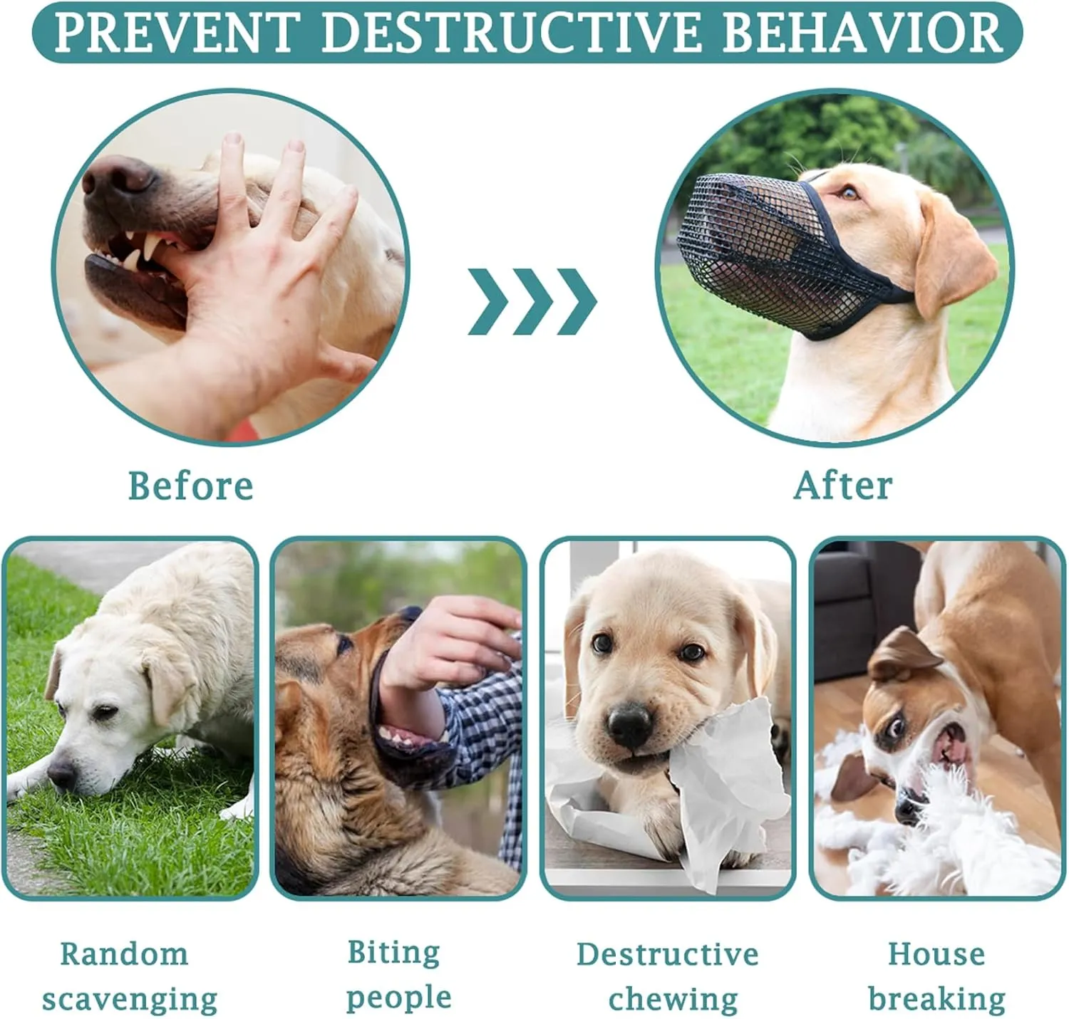 Mayerzon Dog Muzzle, Patented Mesh Muzzles for Small Medium Large Dogs, Soft Covered Mouth Guard with Adjustable Straps, Prevent Biting Chewing and Licking