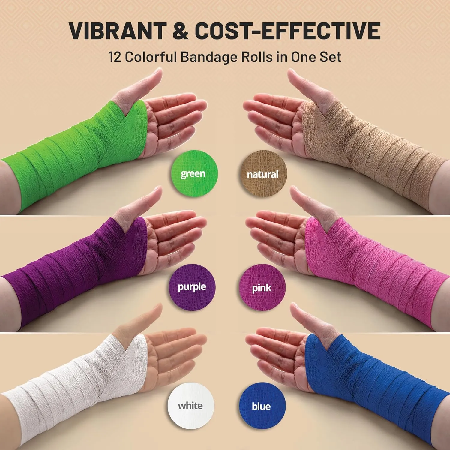 MEDca Self Adherent Cohesive Wrap Bandages 2 Inches X 5 Yards 12 Count with Strong Elastic and Colorful First Aid Tape for Sprain Swelling and Sorenes (Rainbow Color)