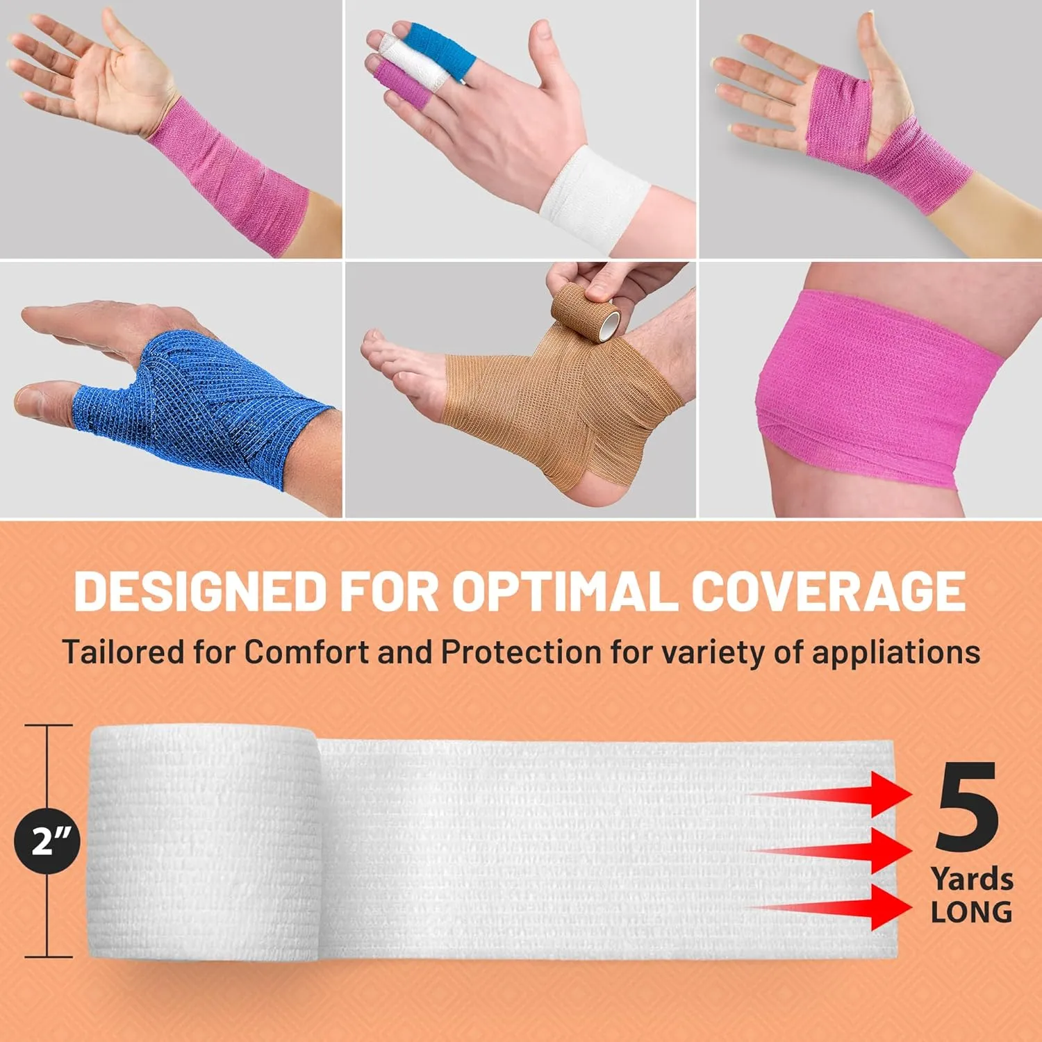 MEDca Self Adherent Cohesive Wrap Bandages 2 Inches X 5 Yards 12 Count with Strong Elastic and Colorful First Aid Tape for Sprain Swelling and Sorenes (Rainbow Color)