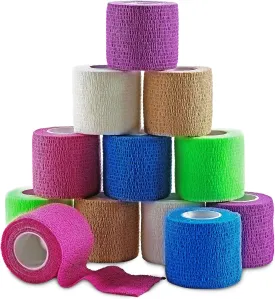 MEDca Self Adherent Cohesive Wrap Bandages 2 Inches X 5 Yards 12 Count with Strong Elastic and Colorful First Aid Tape for Sprain Swelling and Sorenes (Rainbow Color)