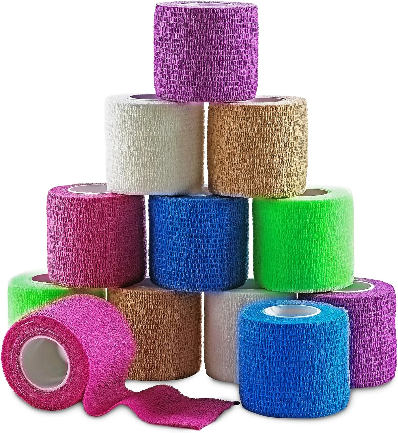 MEDca Self Adherent Cohesive Wrap Bandages 2 Inches X 5 Yards 12 Count with Strong Elastic and Colorful First Aid Tape for Sprain Swelling and Sorenes (Rainbow Color)