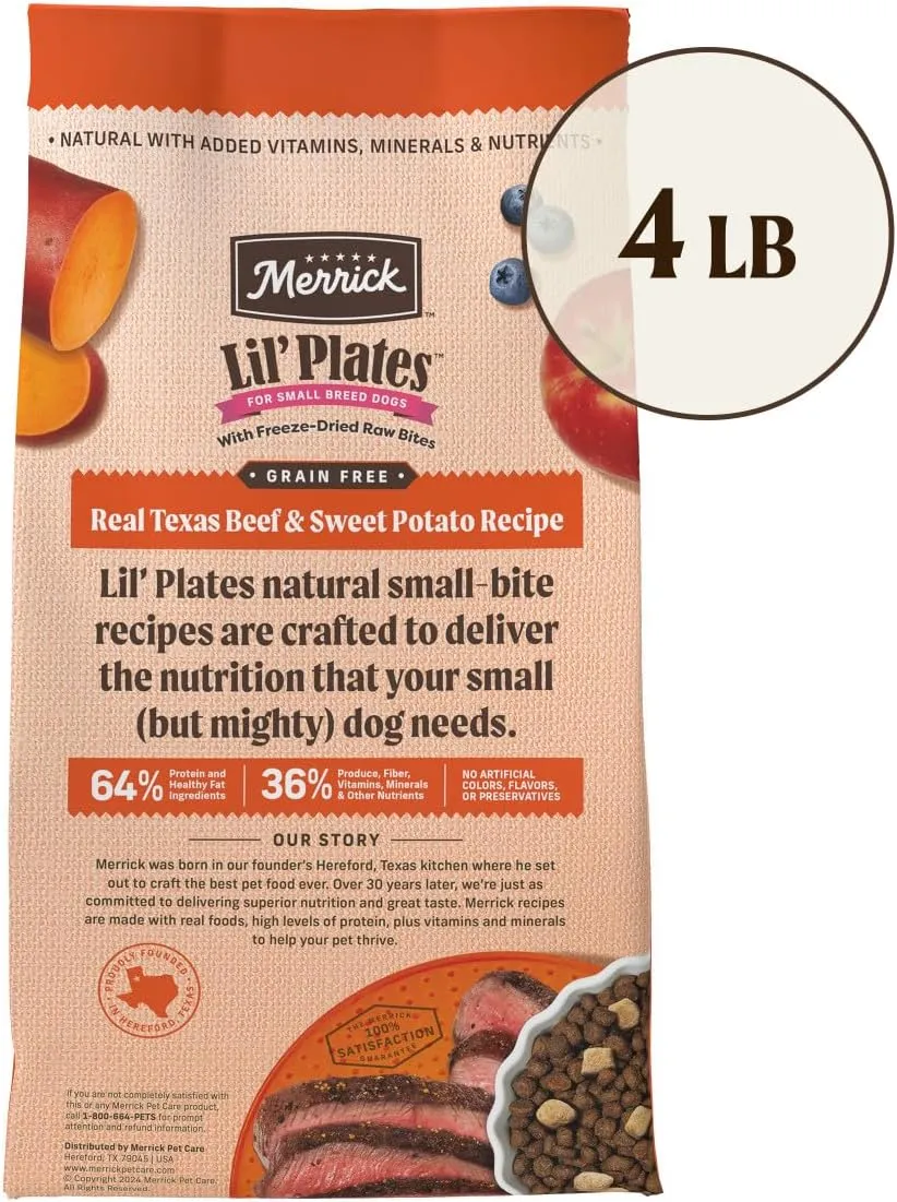 Merrick Lil Plates Grain Free Dry Dog Food For Small Dogs, Texas Beef And Sweet Potato Kibble With Raw Bites - 4.0 lb. Bag