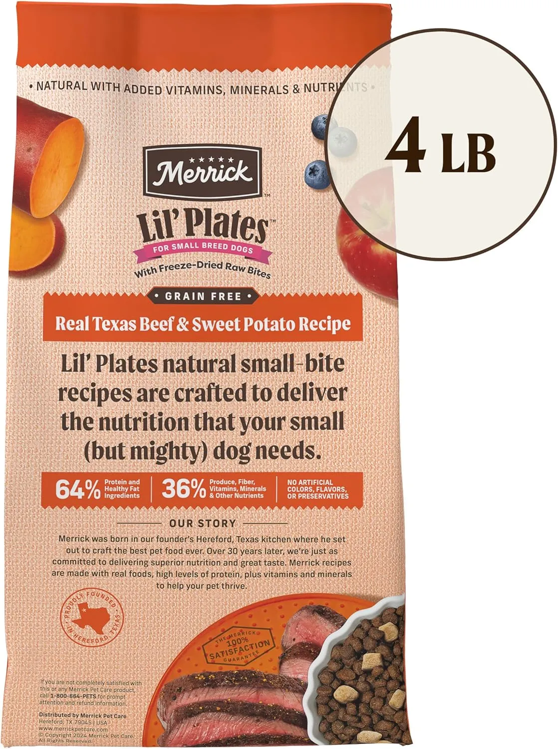 Merrick Lil Plates Grain Free Dry Dog Food For Small Dogs, Texas Beef And Sweet Potato Kibble With Raw Bites - 4.0 lb. Bag