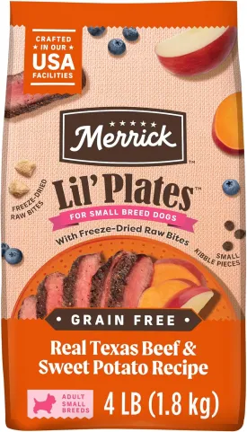 Merrick Lil Plates Grain Free Dry Dog Food For Small Dogs, Texas Beef And Sweet Potato Kibble With Raw Bites - 4.0 lb. Bag